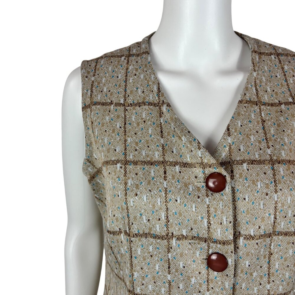 Vintage 70s Long Vest Women's Large Beige Polyester Blue Spotted Button Down Top - Picture 3 of 10